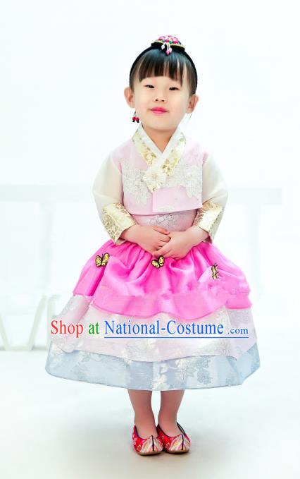 Traditional South Korean Handmade Hanbok Children Embroidery Birthday Pink Dress, Top Grade Korea Hanbok Costume Complete Set for Kids