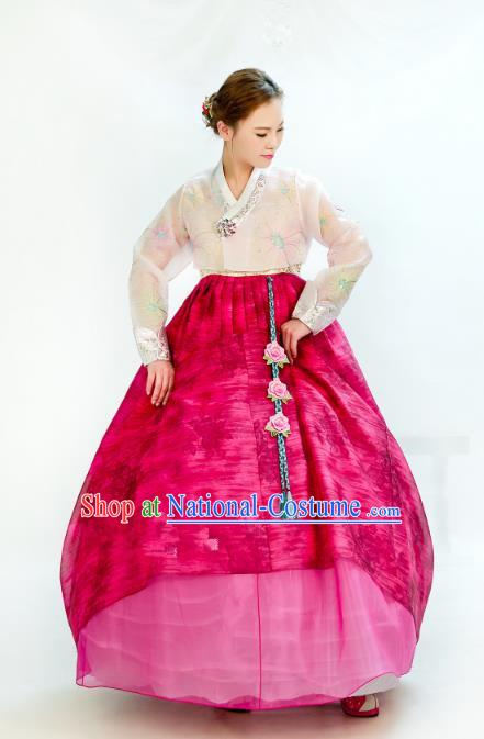 Traditional South Korean Handmade Hanbok Embroidery Wedding Rosy Dress, Top Grade Korea Hanbok Bride Costume Complete Set for Women