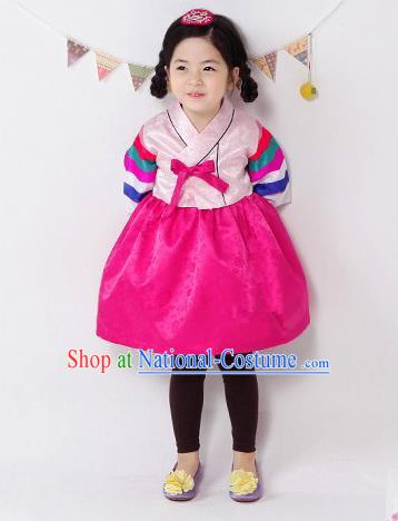 Traditional South Korean Handmade Hanbok Children Pink Birthday Dress, Top Grade Korea Hanbok Costume Complete Set for Kids