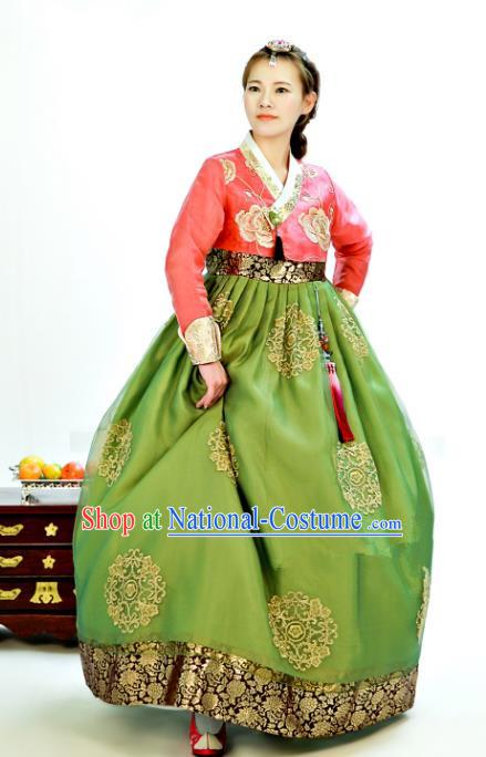 Traditional South Korean Handmade Hanbok Embroidery Green Wedding Full Dress, Top Grade Korea Hanbok Bride Costume Complete Set for Women