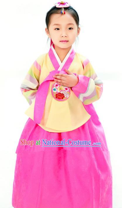 Traditional South Korean Handmade Hanbok Children Little Girls Birthday Customization Embroidery Yellow Blouse and Dress Complete Set, Top Grade Korea Hanbok Costume for Kids