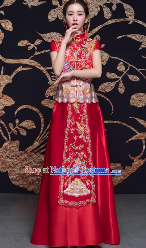 Traditional Ancient Chinese Wedding Costume Handmade Delicacy Embroidery Phoenix XiuHe Suits Short Sleeve Plated Buttons Dress, Chinese Style Hanfu Wedding Bride Toast Cheongsam for Women