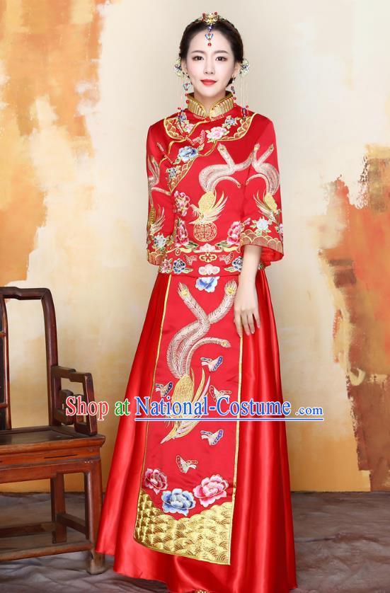 Traditional Ancient Chinese Wedding Costume Handmade Delicacy Embroidery Phoenix Peony XiuHe Suits, Chinese Style Hanfu Wedding Bride Toast Cheongsam for Women