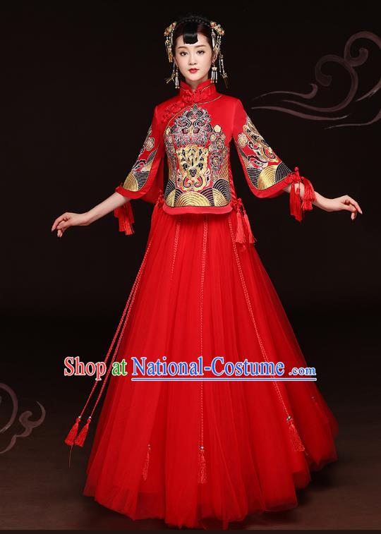 Traditional Ancient Chinese Wedding Costume Handmade Delicacy Embroidery Phoenix Peony Red Veil XiuHe Suits, Chinese Style Hanfu Wedding Bride Toast Cheongsam for Women