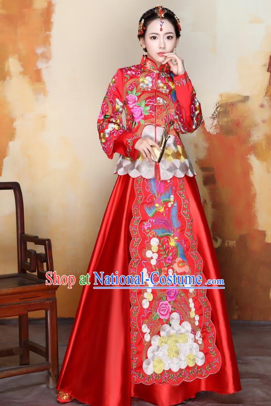 Traditional Ancient Chinese Wedding Costume Handmade Delicacy Colorful Embroidery Phoenix Peony Red Trailing XiuHe Suits, Chinese Style Hanfu Wedding Bride Toast Cheongsam for Women