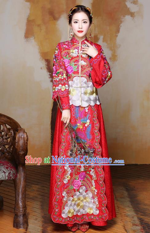 Traditional Ancient Chinese Wedding Costume Handmade Delicacy Colorful Embroidery Phoenix Peony Red XiuHe Suits, Chinese Style Hanfu Wedding Bride Toast Cheongsam for Women