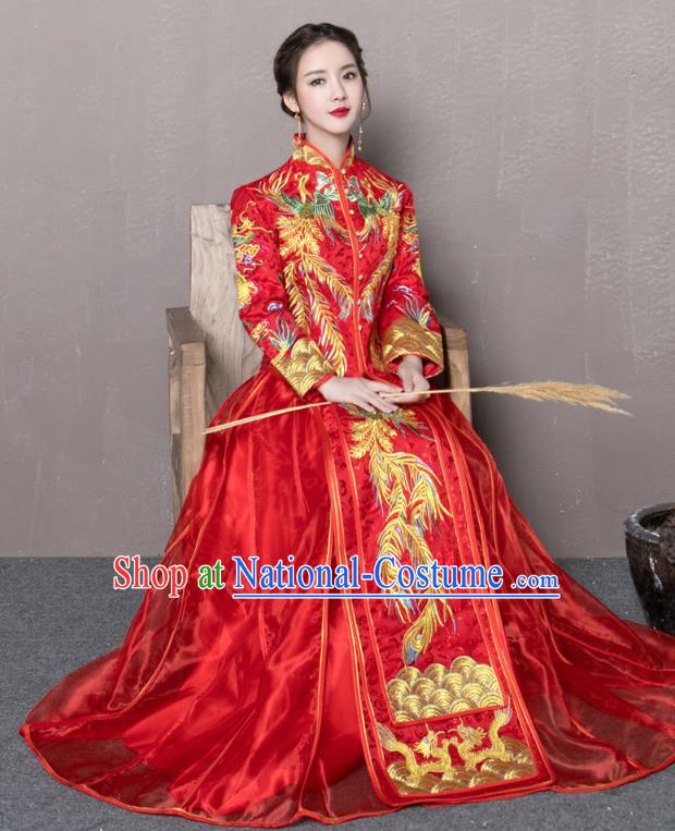 Traditional Ancient Chinese Wedding Costume Handmade Delicacy Embroidery Phoenix Peony Red XiuHe Suits, Chinese Style Hanfu Wedding Toast Cheongsam for Women