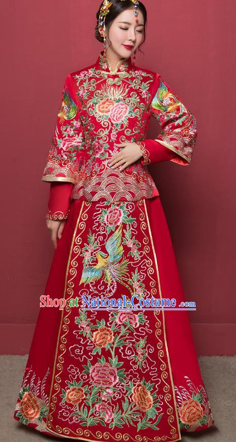 Traditional Ancient Chinese Wedding Costume Handmade Delicacy Embroidery Phoenix Peony XiuHe Suits, Chinese Style Hanfu Wedding Toast Cheongsam for Women