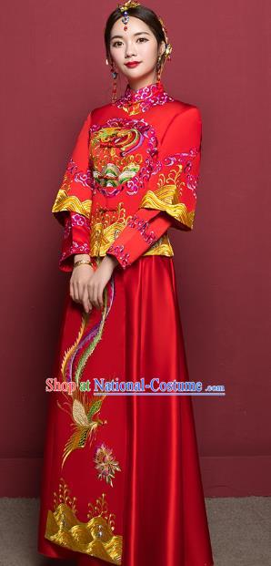 Traditional Ancient Chinese Wedding Costume Handmade Delicacy Embroidery Colorful Phoenix XiuHe Suits, Chinese Style Hanfu Wedding Bride Toast Cheongsam for Women