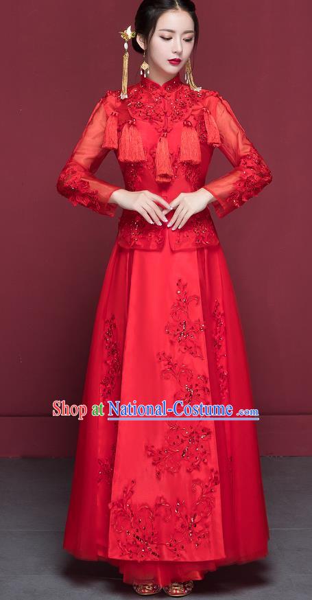 Traditional Ancient Chinese Wedding Costume Handmade Delicacy Embroidery XiuHe Suits, Chinese Style Hanfu Wedding Bride Toast Cheongsam for Women