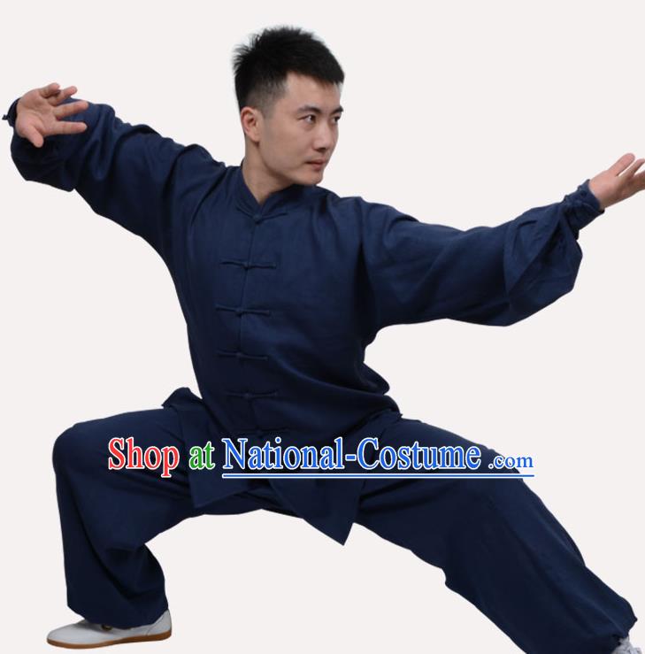 Top Grade Linen Martial Arts Costume Kung Fu Training Clothing, Tai Ji Navy Uniform Gongfu Wushu Costume for Women for Men