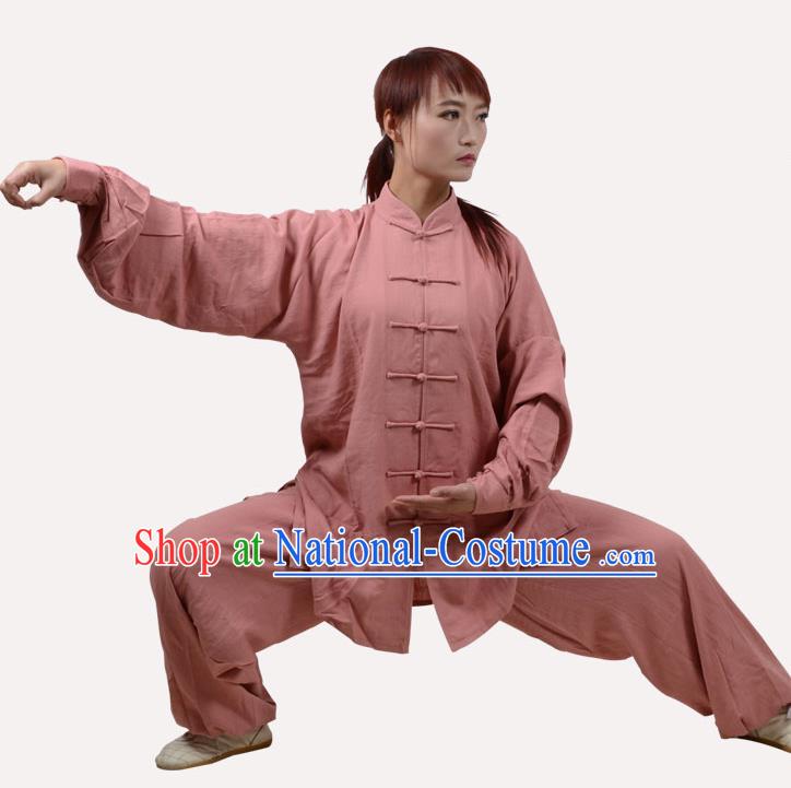 Top Grade Linen Martial Arts Costume Kung Fu Training Clothing, Tai Ji Light Pink Uniform Gongfu Wushu Costume for Women for Men