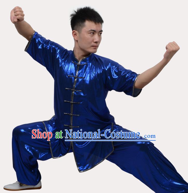 Top Grade Linen Martial Arts Costume Kung Fu Training Plated Buttons Clothing, Tai Ji Southern Fist Blue Uniform Gongfu Wushu Costume for Women for Men