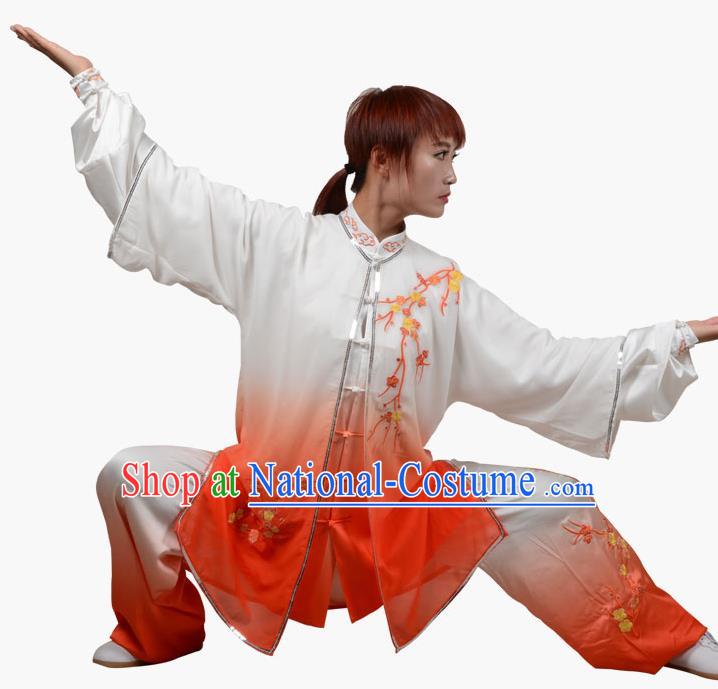 Top Grade Linen Martial Arts Costume Kung Fu Training Embroidered Plum Blossom Clothing, Tai Ji Southern Fist Orange Three-piece Uniform Gongfu Wushu Costume for Women for Men