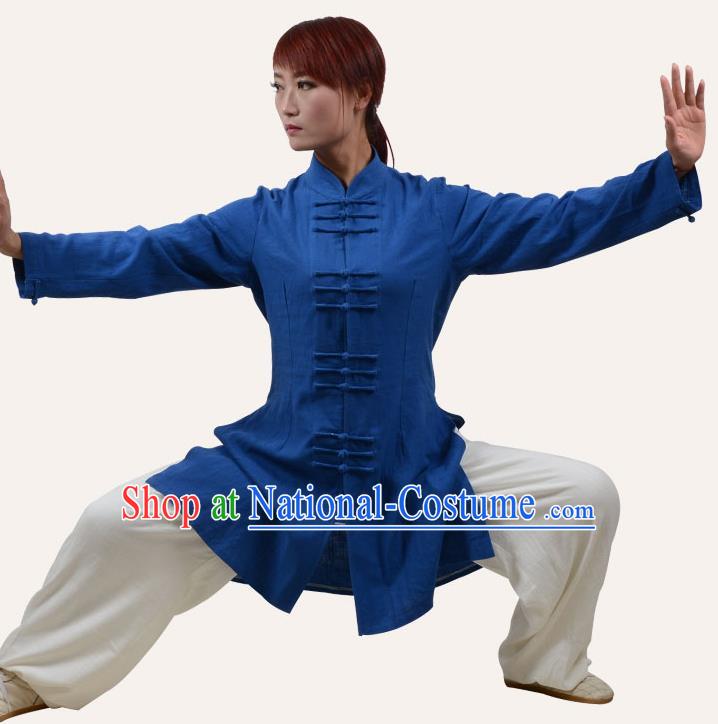 Top Grade Linen Martial Arts Costume Kung Fu Training Plated Buttons Clothing, Tai Ji Blue Uniform Gongfu Wushu Costume for Women for Men