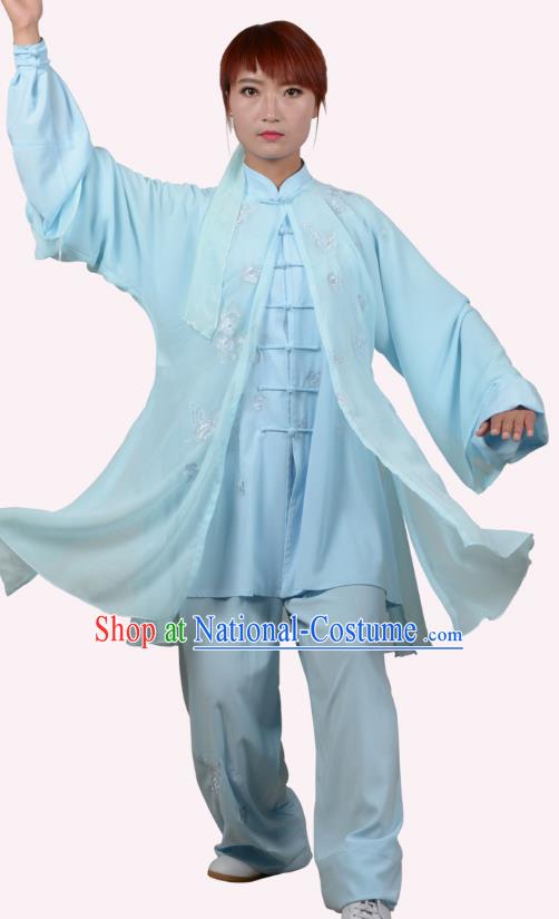 Top Grade Linen Martial Arts Costume Kung Fu Training Embroidery Plated Buttons Clothing, Tai Ji Blue Uniform Gongfu Wushu Costume for Women for Men