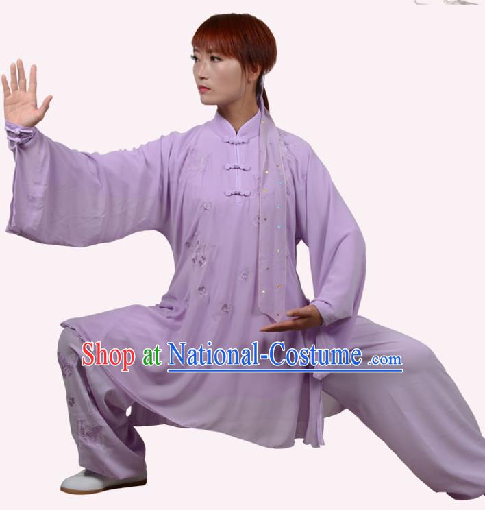 Top Grade Martial Arts Costume Kung Fu Training Embroidery Plated Buttons Purple Clothing, Tai Ji Uniform Gongfu Wushu Costume for Women for Men