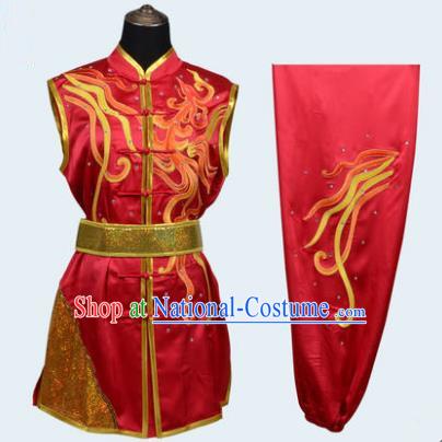 Top Grade Martial Arts Costume Kung Fu Training Embroidery Red Clothing, Long Fist Tai Ji Uniform Gongfu Wushu Costume for Women for Men