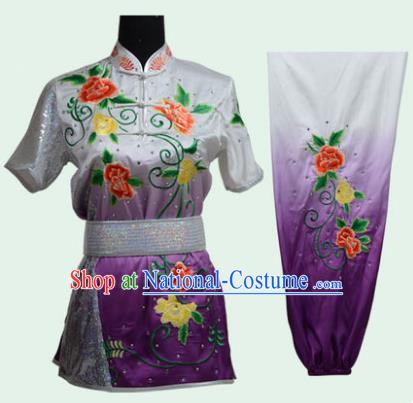 Top Grade Martial Arts Costume Kung Fu Training Long Fist Clothing, Tai Ji Embroidery Peony Purple Uniform Gongfu Wushu Costume for Women