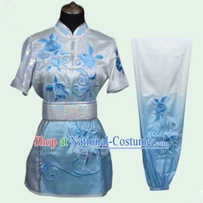 Top Grade Martial Arts Costume Kung Fu Training Long Fist Clothing, Tai Ji Embroidery Peony Blue Uniform Gongfu Wushu Costume for Women