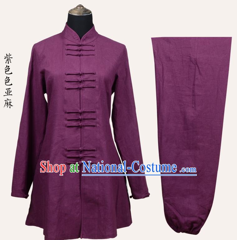 Top Grade Linen Martial Arts Costume Kung Fu Training Front Opening Plated Buttons Clothing, Tai Ji Purple Uniform Gongfu Wushu Costume for Women for Men