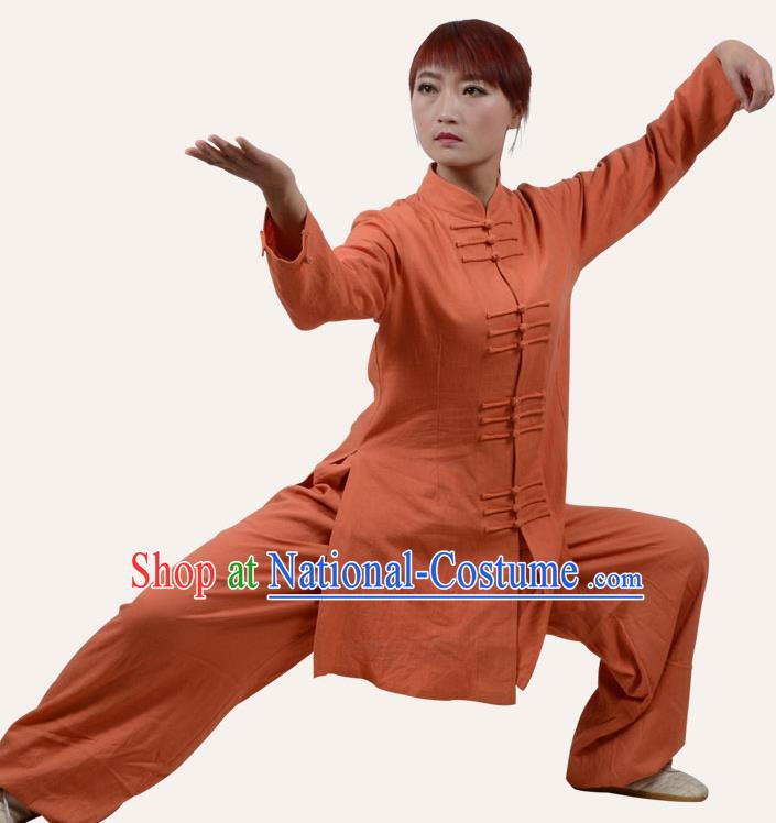 Top Grade Linen Martial Arts Costume Kung Fu Training Front Opening Plated Buttons Clothing, Tai Ji Orange Uniform Gongfu Wushu Costume for Women for Men