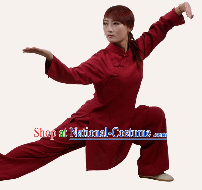 Top Grade Linen Martial Arts Costume Kung Fu Training Slant Opening Plated Buttons Clothing, Tai Ji Red Uniform Gongfu Wushu Costume for Women for Men