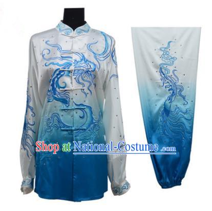 Top Grade Martial Arts Costume Kung Fu Training Gradient Blue Clothing, Tai Ji Embroidery Dragon Long Fist Uniform Gongfu Wushu Costume for Women for Men