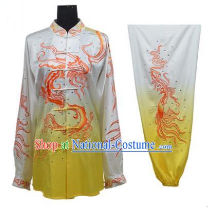 Top Grade Martial Arts Costume Kung Fu Training Gradient Yellow Clothing, Tai Ji Embroidery Dragon Long Fist Uniform Gongfu Wushu Costume for Women for Men