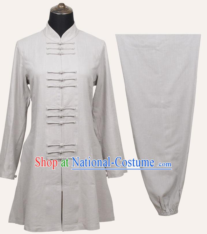 Top Grade Linen Martial Arts Costume Kung Fu Training Front Opening Plated Buttons Clothing, Tai Ji White Uniform Gongfu Wushu Costume for Women for Men