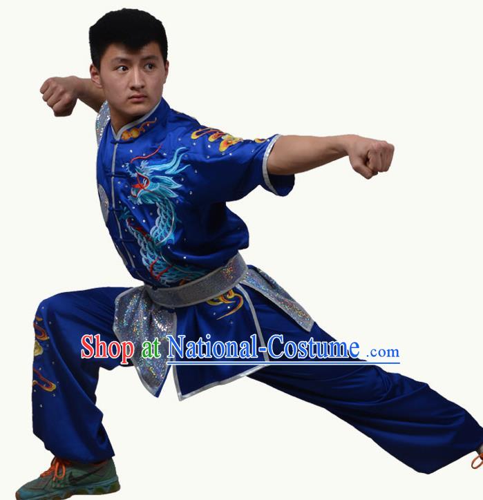 Top Grade Martial Arts Costume Kung Fu Training Short Sleeve Blue Clothing, Tai Ji Embroidery Long Fist Uniform Gongfu Wushu Costume for Women for Men