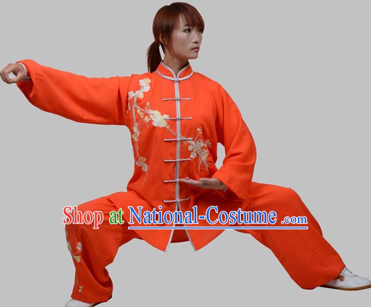 Top Grade China Martial Arts Costume Kung Fu Training Embroidery Plum Blossom Clothing, Chinese Embroidery Tai Ji Red Uniform Gongfu Wushu Costume for Women