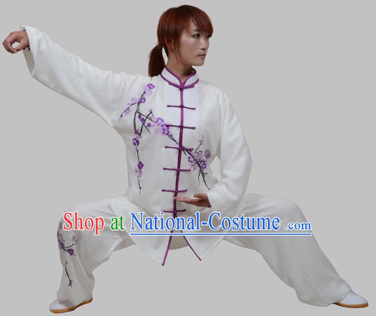 Top Grade China Martial Arts Costume Kung Fu Training Embroidery Plum Blossom Clothing, Chinese Embroidery Tai Ji White Uniform Gongfu Wushu Costume for Women