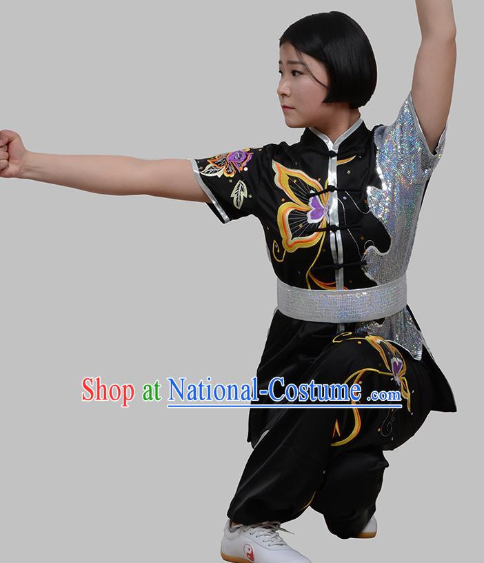 Top Grade China Martial Arts Costume Kung Fu Training Embroidery Butterfly Clothing, Chinese Embroidery Tai Ji Black Uniform Gongfu Wushu Costume for Women