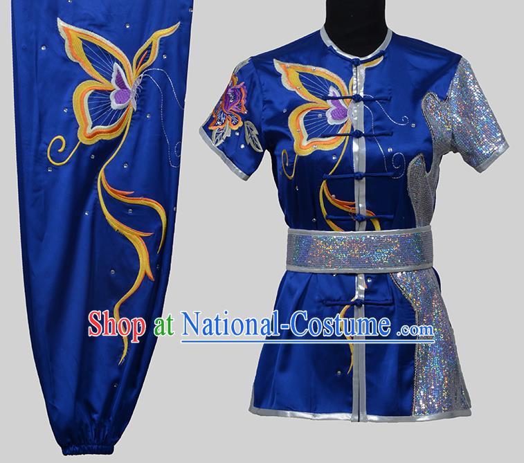 Top Grade China Martial Arts Costume Kung Fu Training Embroidery Butterfly Clothing, Chinese Embroidery Tai Ji Blue Uniform Gongfu Wushu Costume for Women