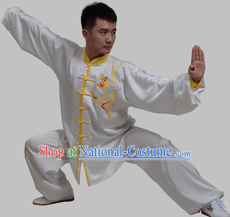 Top Grade China Martial Arts Costume Kung Fu Training Embroidery White Clothing, Chinese Embroidery Dragon Tai Ji Uniform Gongfu Wushu Costume for Men