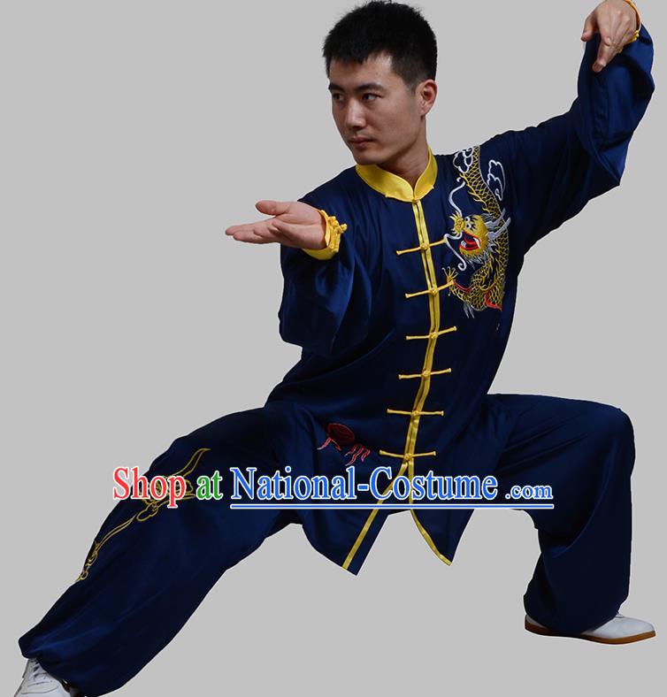 Top Grade China Martial Arts Costume Kung Fu Training Embroidery Blue Clothing, Chinese Embroidery Dragon Tai Ji Uniform Gongfu Wushu Costume for Men