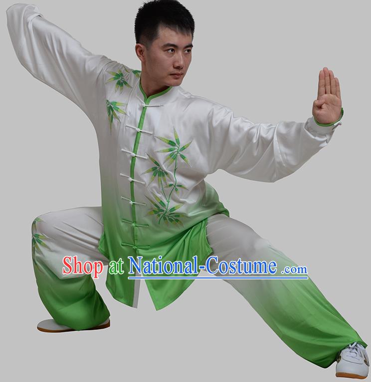 Top Grade China Martial Arts Costume Kung Fu Training Embroidery Bamboo Clothing, Chinese Tai Ji Green Uniform Gongfu Wushu Costume for Men