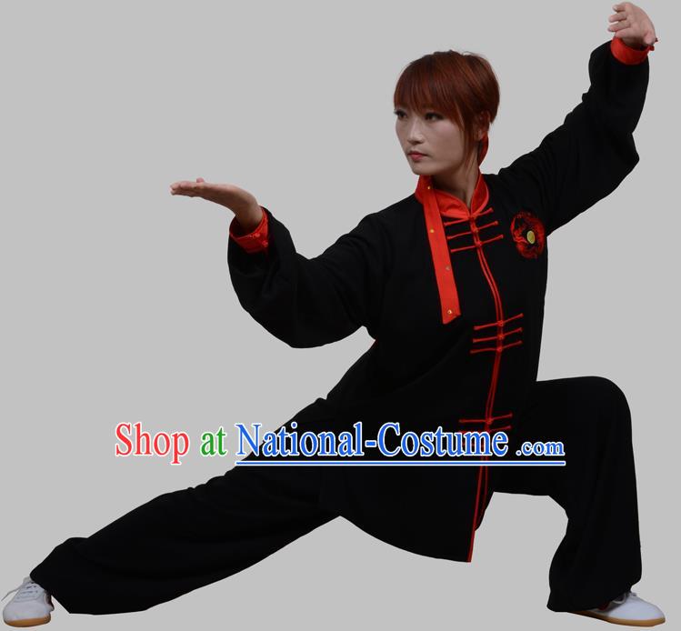 Top Grade China Martial Arts Costume Kung Fu Training Red Plated Buttons Clothing, Chinese Embroidery Tai Ji Black Uniform Gongfu Wushu Costume for Women for Men