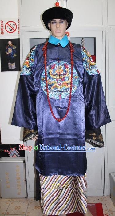 Top Grade Professional Beijing Opera Niche Costume Manchu Prince Blue Embroidered Robe, Traditional Ancient Chinese Peking Opera Qing Dynasty Officer Embroidery Clothing