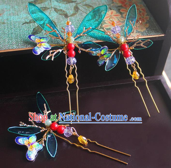 Traditional Handmade Chinese Ancient Classical Hair Accessories Barrettes Xiuhe Suit Blue Butterfly Hairpin, Hanfu Hair Fascinators for Women