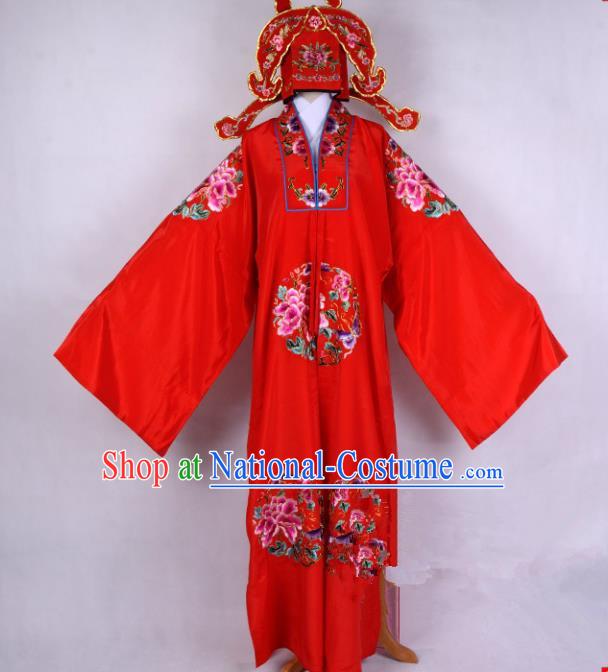 Top Grade Professional Beijing Opera Niche Costume Gifted Scholar Red Embroidered Cape, Traditional Ancient Chinese Peking Opera Embroidery Robe Clothing