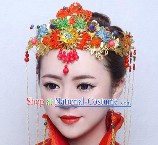 Traditional Handmade Chinese Ancient Classical Hair Accessories Xiuhe Suit Cheongsam Red Phoenix Coronet, Hanfu Hairpins Hair Fascinators for Women