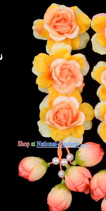 Traditional Beijing Opera Diva Red Hair Accessories Orange Flowers Temples Hairpin, Ancient Chinese Peking Opera Tassel Step Shake Hua Tan Hairpins Headwear