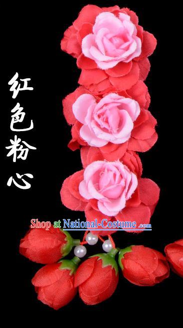 Traditional Beijing Opera Diva Red Hair Accessories Red Flowers Temples Hairpin, Ancient Chinese Peking Opera Tassel Step Shake Hua Tan Hairpins Headwear