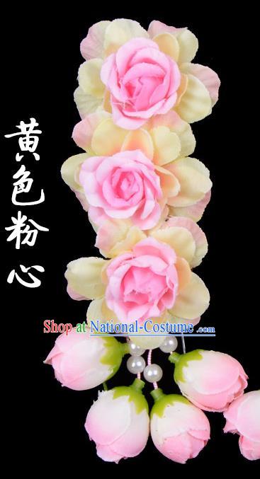 Traditional Beijing Opera Diva Red Hair Accessories Pink Flowers Temples Hairpin, Ancient Chinese Peking Opera Tassel Step Shake Hua Tan Hairpins Headwear