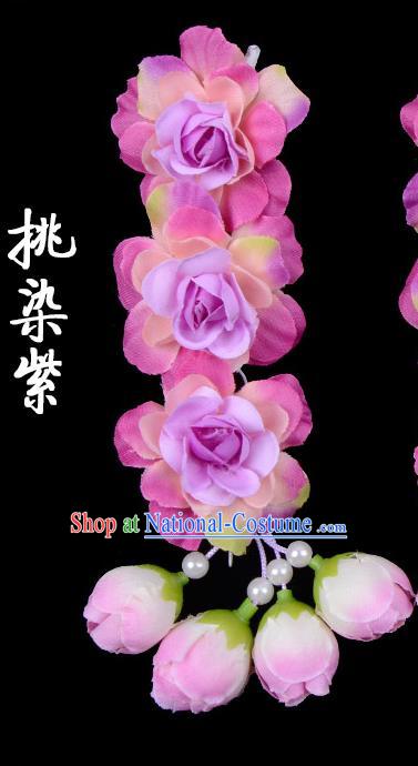 Traditional Beijing Opera Diva Red Hair Accessories Purple Flowers Temples Hairpin, Ancient Chinese Peking Opera Tassel Step Shake Hua Tan Hairpins Headwear