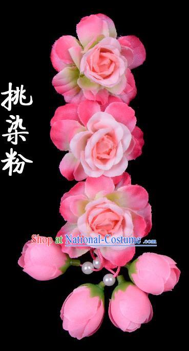 Traditional Beijing Opera Diva Red Hair Accessories Peach Pink Flowers Temples Hairpin, Ancient Chinese Peking Opera Tassel Step Shake Hua Tan Hairpins Headwear