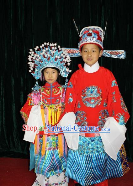 Top Grade Professional Beijing Opera Bride and Bridegroom Embroidered Dress, Traditional Ancient Chinese Peking Opera Embroidery Clothing for Kids