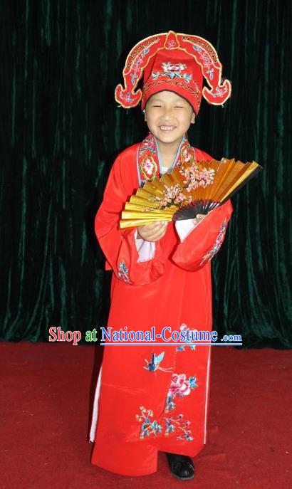 Top Grade Professional Beijing Opera Niche Costume Young Men Red Embroidered Robe, Traditional Ancient Chinese Peking Opera Scholar Embroidery Clothing for Kids